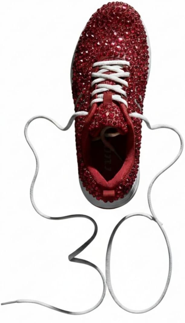 Ruby's 30th Lap – red running shoe with 30 in laces